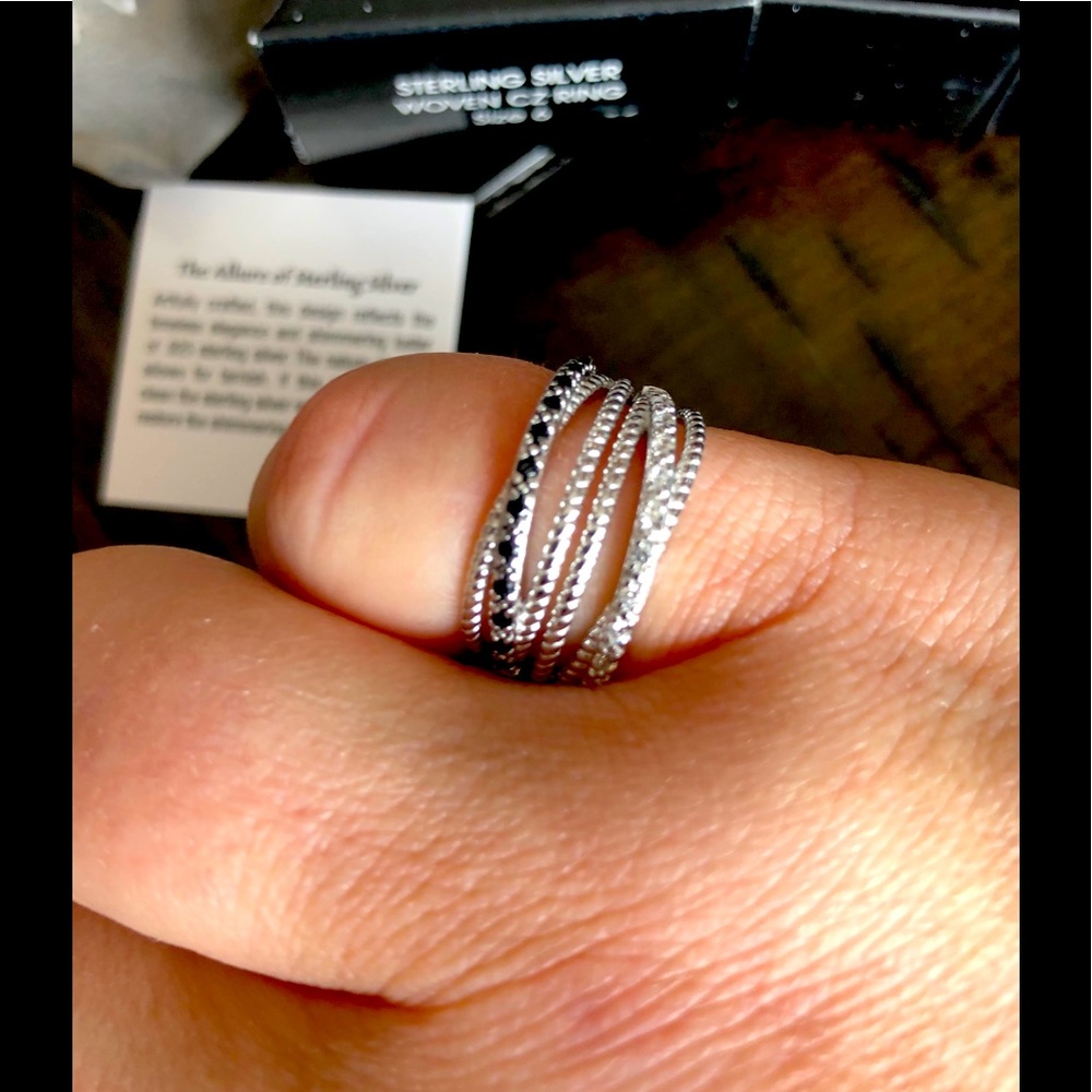 Sterling Silver 925 Black clear cz woven ring sz 6